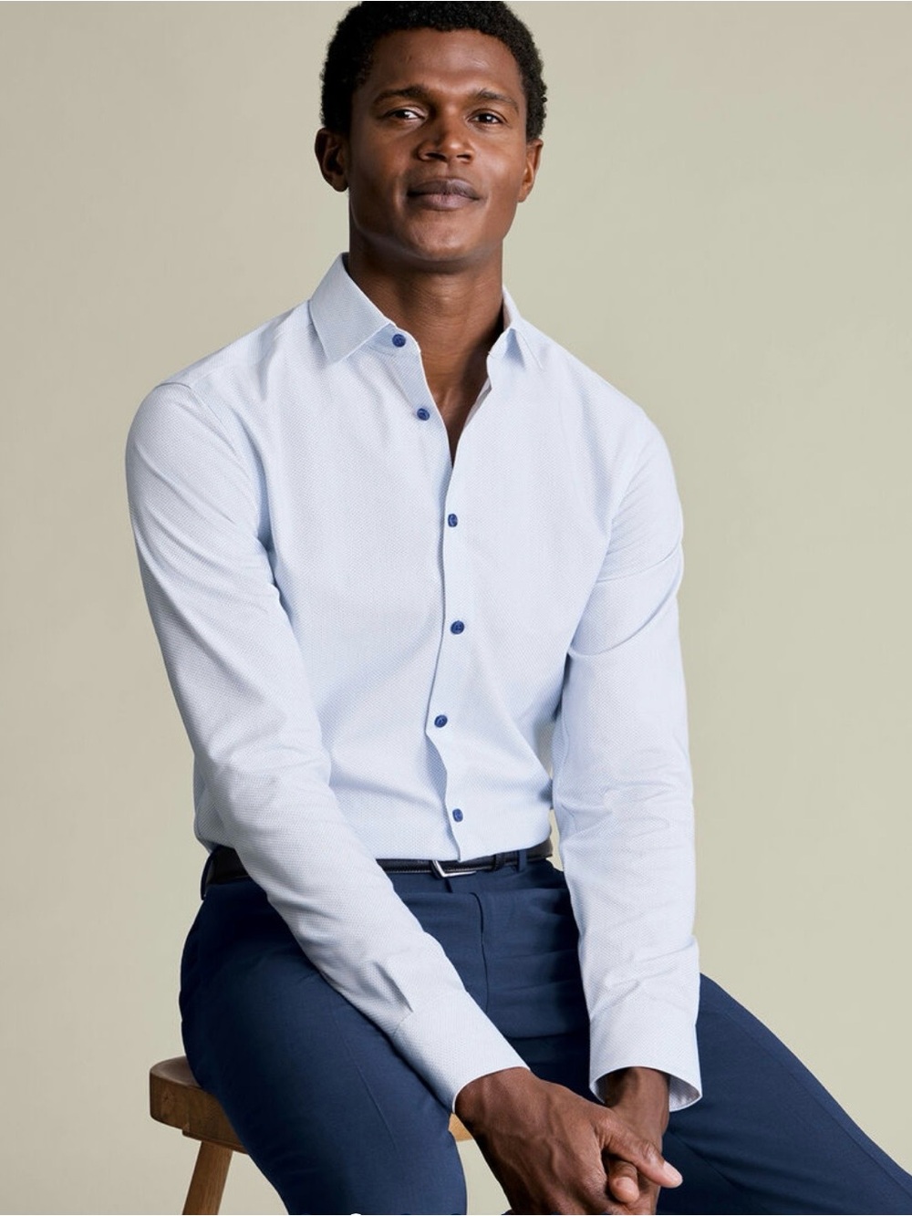White and sky Criss-Cross Non-Iron Men's Dress Shirt with Contrast Buttons